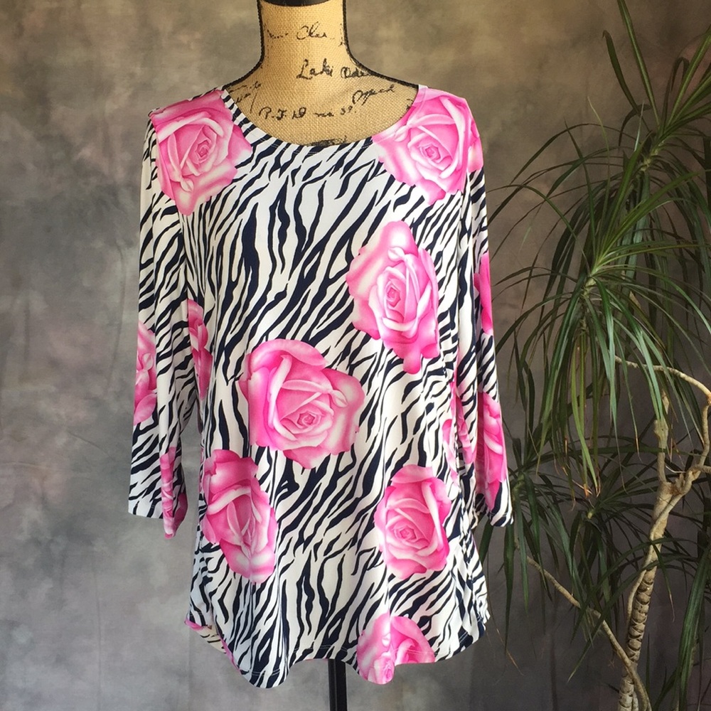 Peter Nygård Navy Zebra and Rose Print Top Sz XL